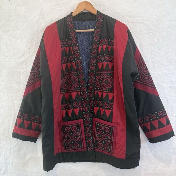 Handmade Quilt Jacket Red Black Patchwork Boho Festival Folk Art Large - Picture 1 of 11
